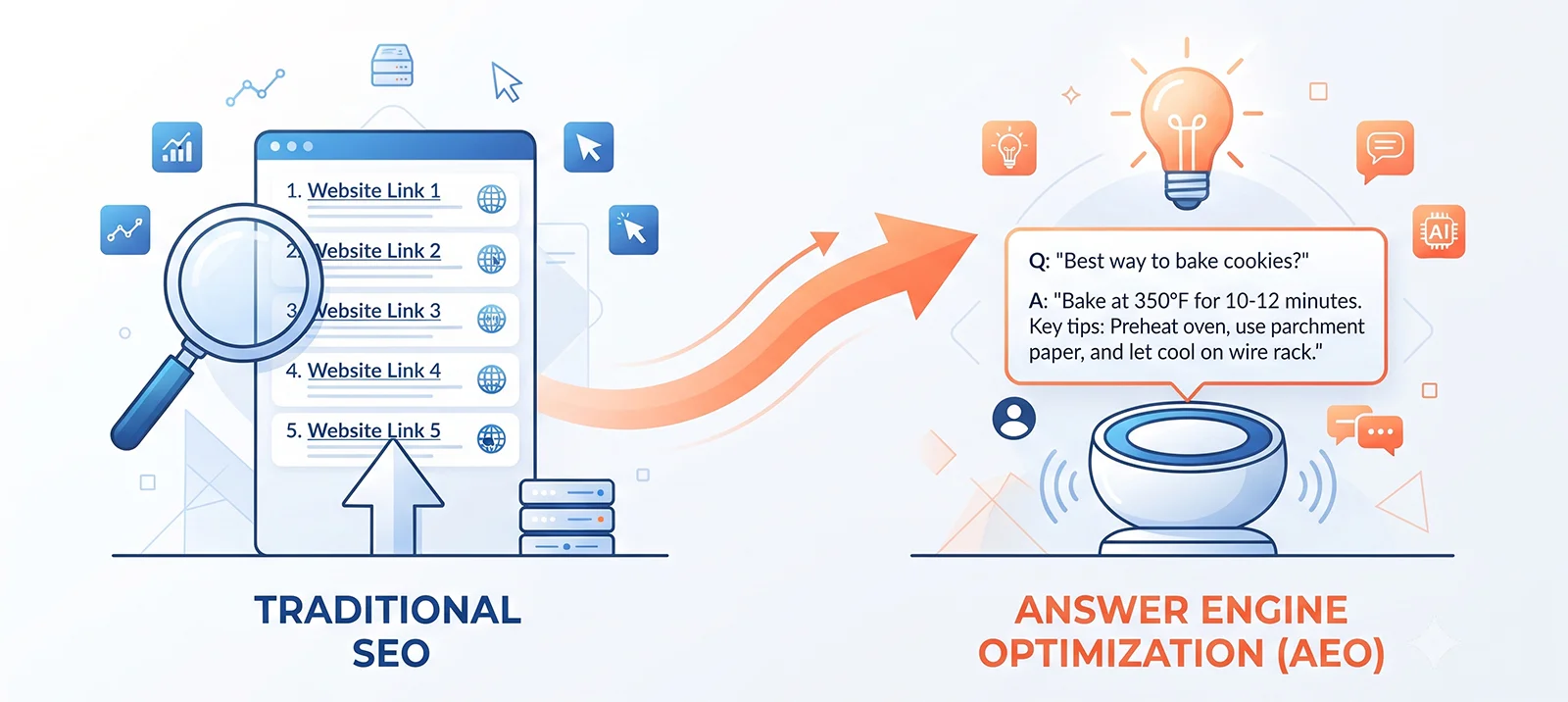 Comparison illustration showing Traditional SEO vs Answer Engine Optimization AEO