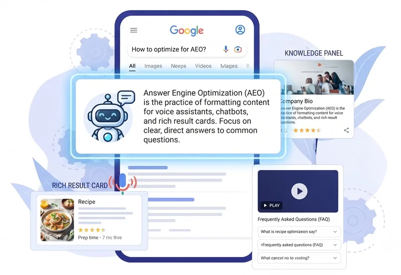Flat vector illustration of a smartphone displaying Google search results, conversational AI answer box, rich result cards, and FAQ schema for Answer Engine Optimization