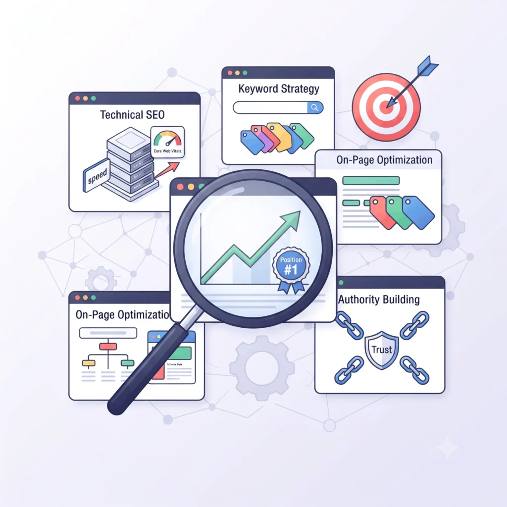 SEO optimization and web search analysis illustration - Top Rated Web Design - Web Clinic Online