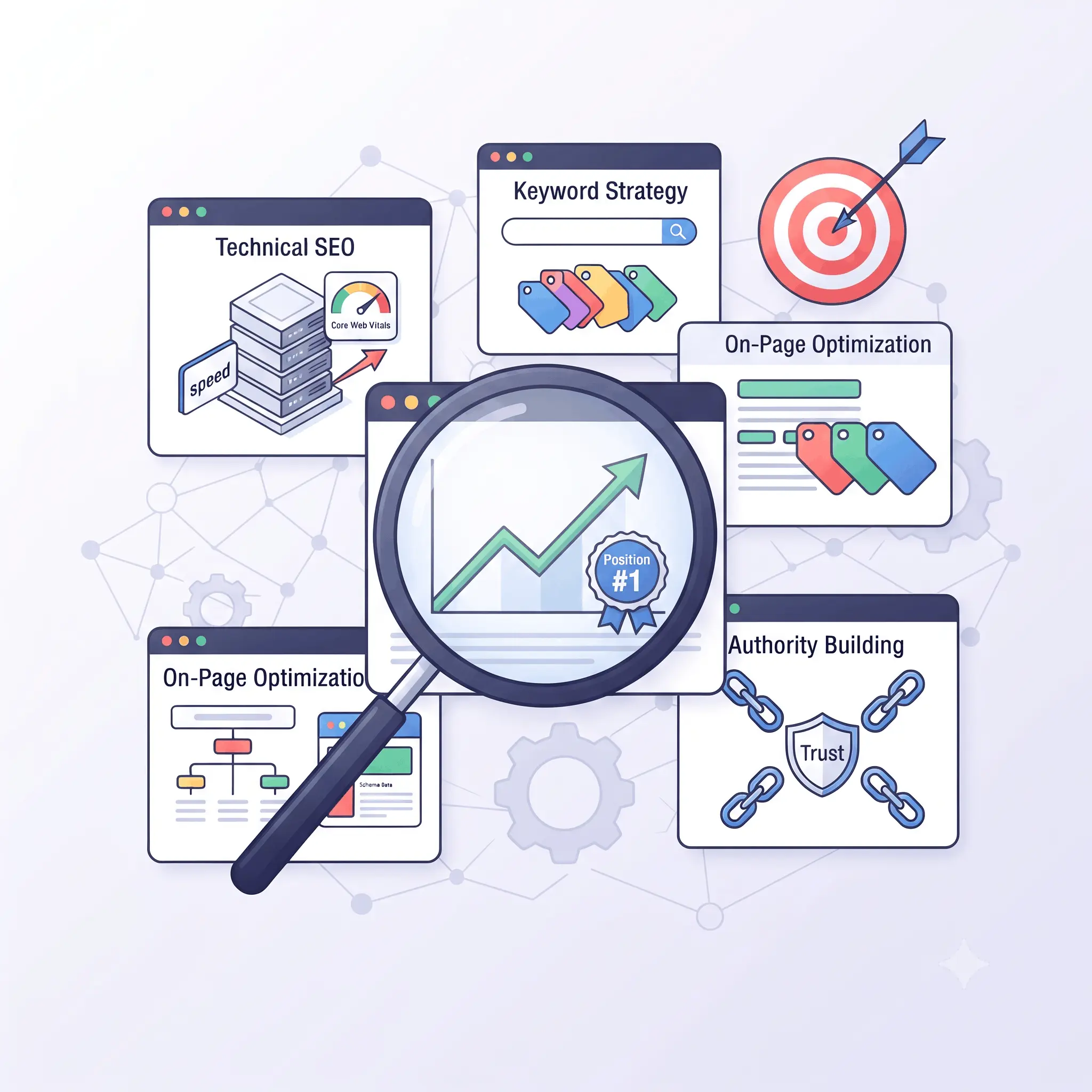 SEO optimization and web search analysis illustration - Top Rated Web Design - Web Clinic Online
