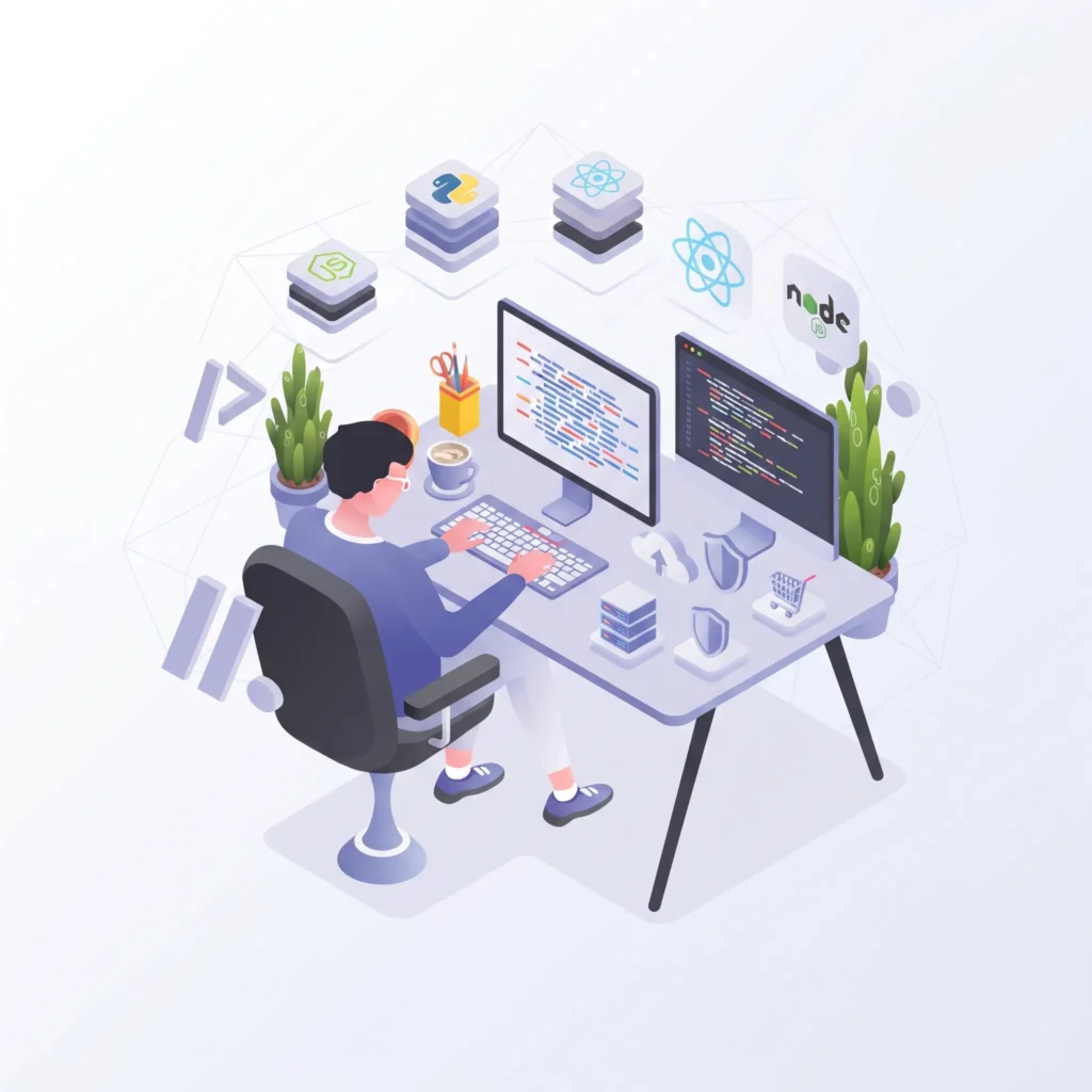 Isometric illustration of a developer coding at a desk - Top Rated Web Design - Web Clinic Online