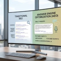 Modern laptop on a desk showing SEO and AEO visualization icons in a bright office. - Top Rated Web Design - Web Clinic Online