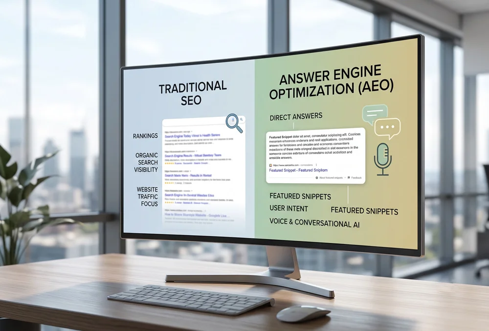 Modern laptop on a desk showing SEO and AEO visualization icons in a bright office. - Top Rated Web Design - Web Clinic Online