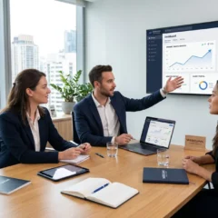 Professional modern desk setup with laptop displaying complex data dashboard and floating analytic icons. - Top Rated Web Design - Web Clinic Online