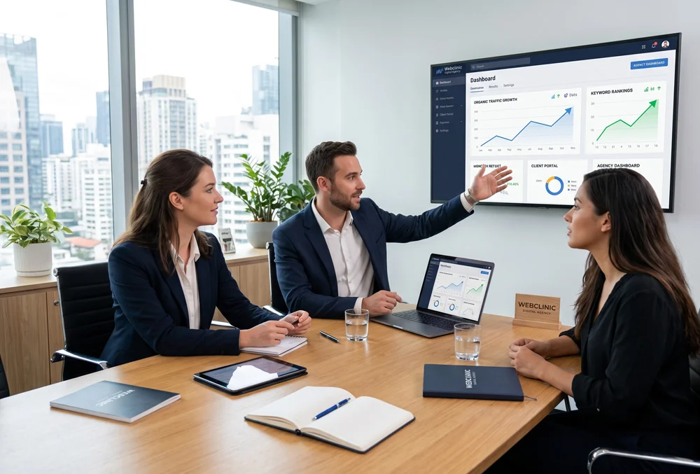 Professional modern desk setup with laptop displaying complex data dashboard and floating analytic icons. - Top Rated Web Design - Web Clinic Online