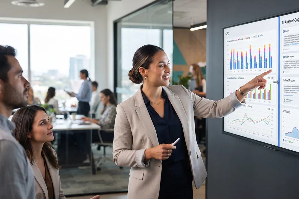 Digital marketing team comparing traditional SEO rankings with AI answer engine optimization and citation metrics on office screens - Web Clinic Online
