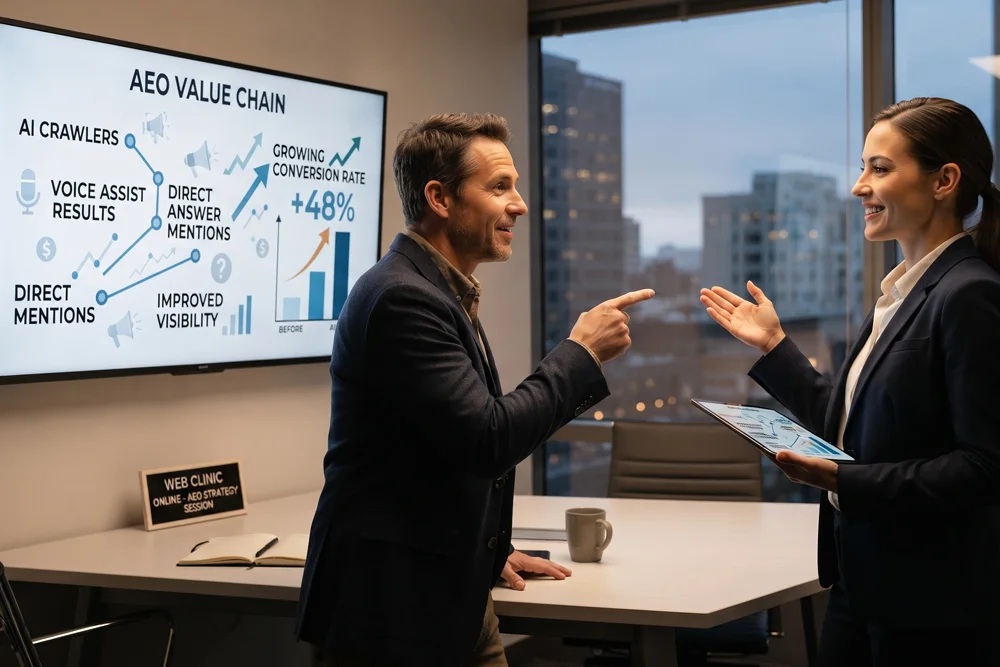 Business consultants discussing the positive ROI and +48% conversion rate of an AEO Value Chain strategy in an office boardroom - Web Clinic Online