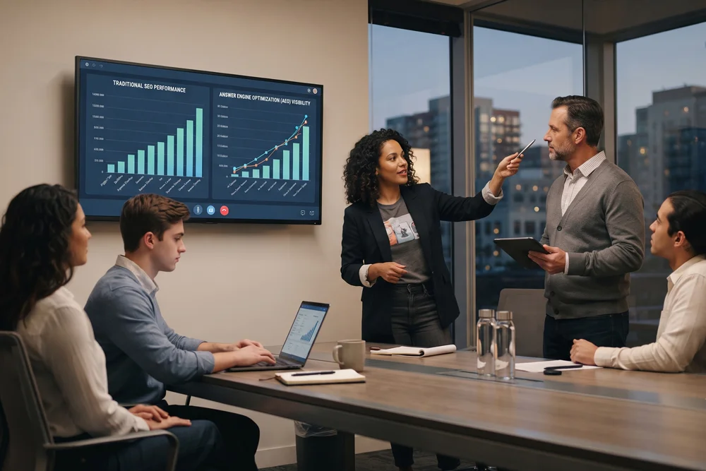 Agency team in a modern conference room reviewing strategy charts comparing traditional SEO performance with Answer Engine Optimization (AEO) - Web Clinic Online