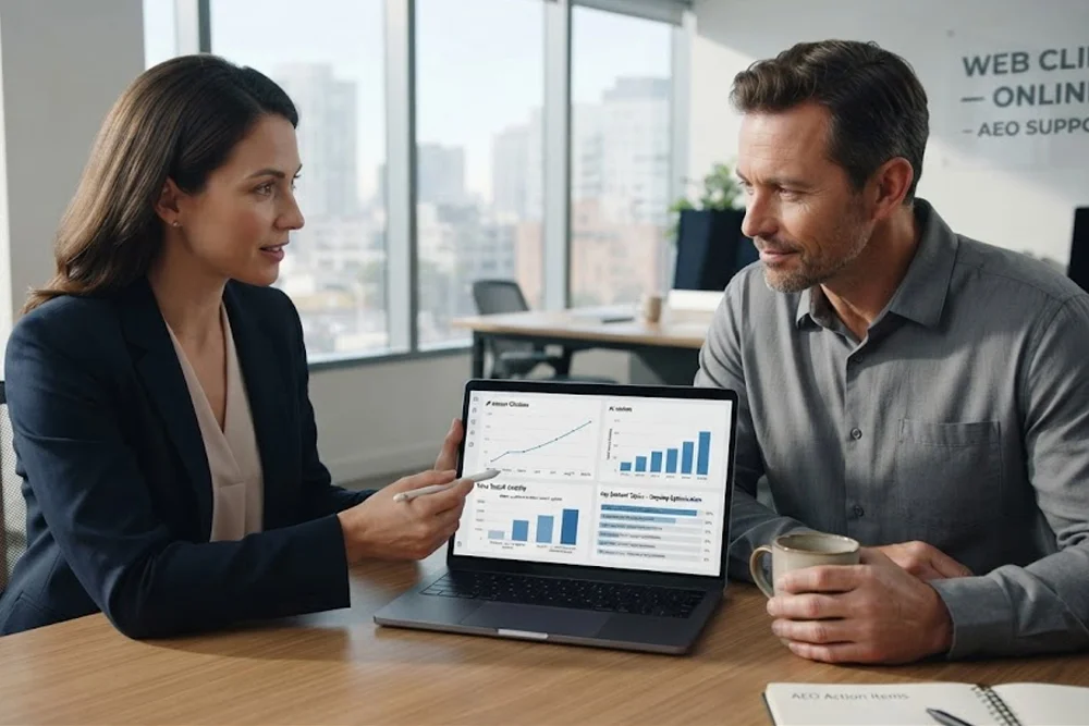A digital strategy consultant reviewing ongoing AEO performance metrics and strategy updates on a laptop with a client in a modern office - Web Clinic Online