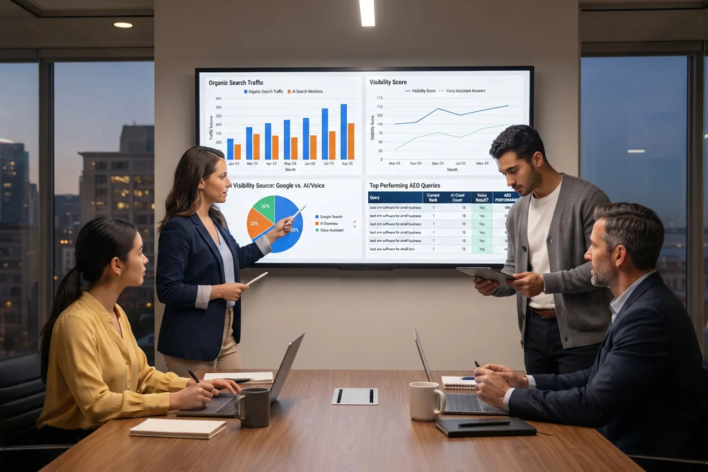 A team of digital marketing professionals analyzing an office display screen showing charts for organic search traffic, AI visibility scores, and AEO queries - Web Clinic Online
